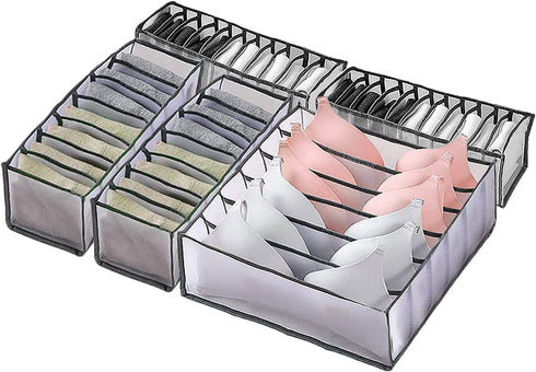 Pack of 5 Underwear Drawer Organizer Set- Foldable Underwear Storage Divider Boxes Includes 6/7/7/11/11 Cell Collapsible Closet Compartments for Socks Bras Ties Lingerie Scarves Organizing