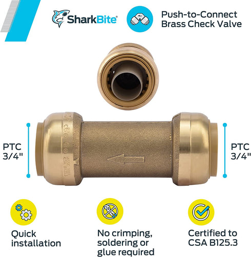 SharkBite U2016-0000LFA 3/4 inch x 3/4 inch Brass Check Valve, Push-to-Connect, Copper, PEX, CPVC