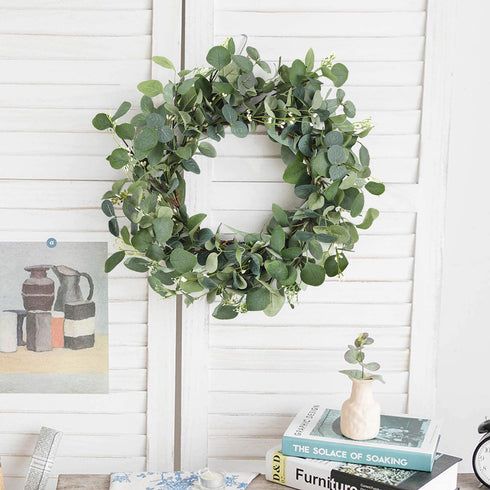 CEWOR 19 Inches Artificial Eucalyptus Wreath Spring Summer Large Green Leaf for Front Door Wall Window Farmhouse Garland Decor