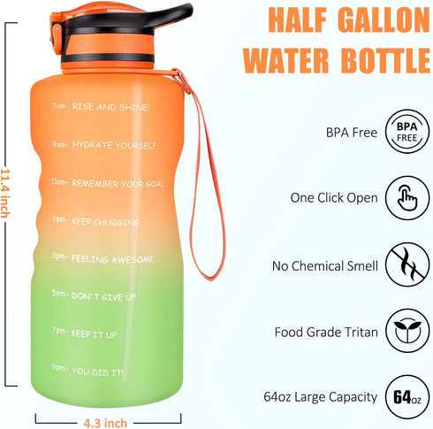 Gusgopo Large Half Gallon/64oz Motivational Water Bottle with Time Marker & Straw, Leakproof Tritan BPA Free Water Jug, Ensure You Drink Enough Water Daily for Fitness,Gym and Outdoor Sports