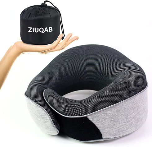 ZIUQAB Travel Pillow, Memory Foam Travel Neck Pillow with Velcro, 360-Degree Head Support with Storage Bag for Airplane, Car, Travel, Camping, Bus, Train