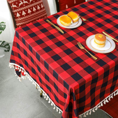 Partisout Buffalo Check Tablecloth Rectangle 56x80-Inch Red and Black Checked Tablecloth with Tassel Bluffalo Plaid Tablecloths Washable Cotton Linen Table Cover Gingham Table Cloths for New Year