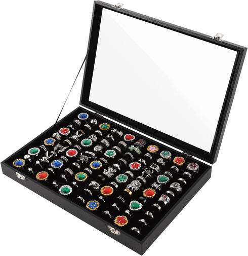 Pangkeep 100 Slots Ring Display Case,Ring Organizer Box,Jewelry Tray Storage Organizer Case with Glass Lid(Black Velvet).