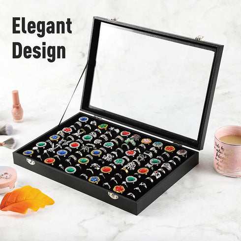Pangkeep 100 Slots Ring Display Case,Ring Organizer Box,Jewelry Tray Storage Organizer Case with Glass Lid(Black Velvet).