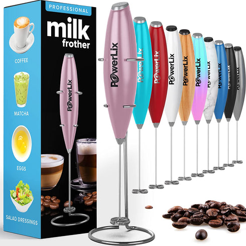 PowerLix Milk Frother Handheld Battery Operated Electric Whisk Foam Maker For Coffee, Latte, Cappuccino, Hot Chocolate, Durable Mini Drink Mixer With Stainless Steel Stand Included (Light Pink)
