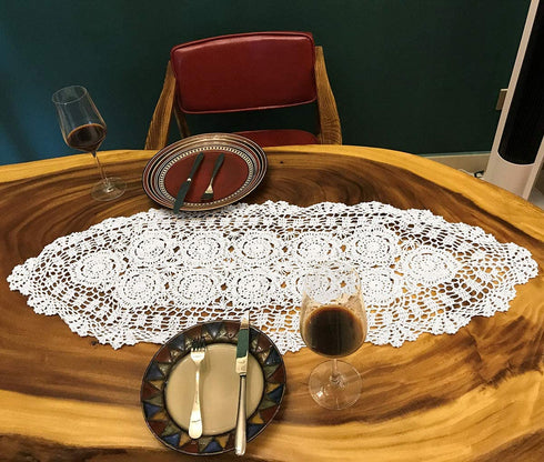 Janef White Handmade Crochet Cotton Table Runner Lace Doilies Doily Oval Dresser Scarves,16 by 35 Inches.