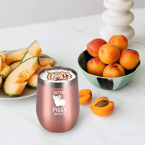 Gingprous Pig Swine Lover Gifts on Christmas Birthday, Gettin' Piggy With It Cute Funny Wine Tumbler with Pig, 12 Oz Stainless Steel Insulated Wine Tumbler with Lid and Straw, Rose Gold