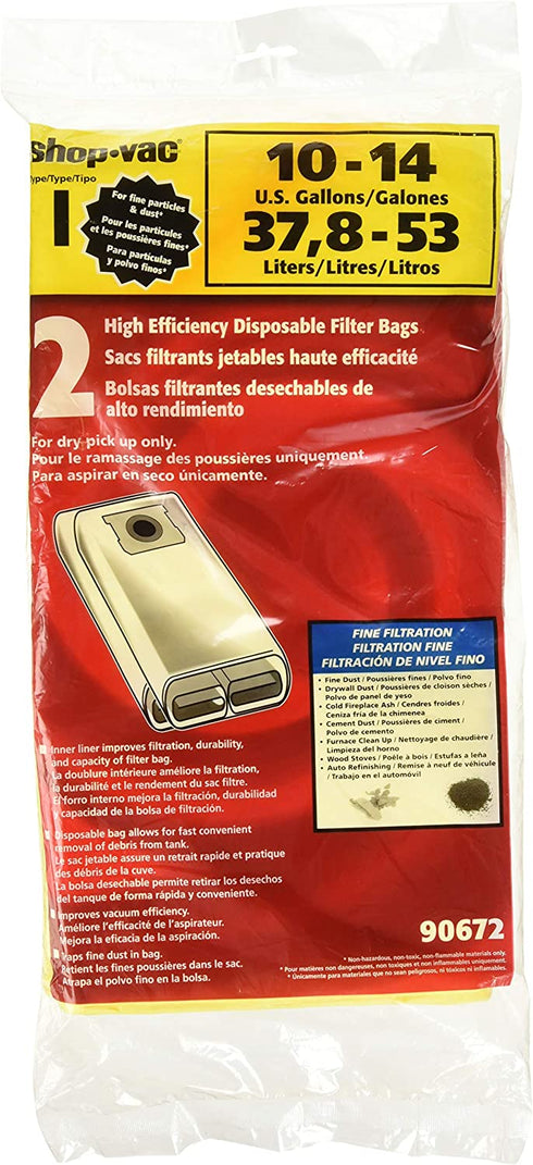 Shop-Vac 9067233, High-Efficiency Disposable Collection Filter Bags, Fits 10-14 Gallon Tanks, (2-Pack)