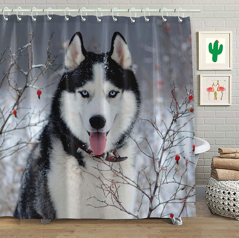 FAITOVE Winter Snow Siberian Husky Dog Shower Curtain Cute Animal Puppy Pets Bath Curtain with Hooks Waterproof Bathroom Decor 72"(W) x 72"(H), Polyester Fabric