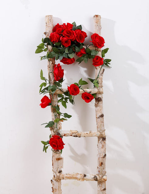FENGRUIL Flower Garland Artificial Rose Vines,4 Pcs Fake Flowers Hanging Large Rose Vine Ivy Silk Hanging Flower for Home Garden Outdoor Ceremony Wedding Arch Floral Decor (Red)