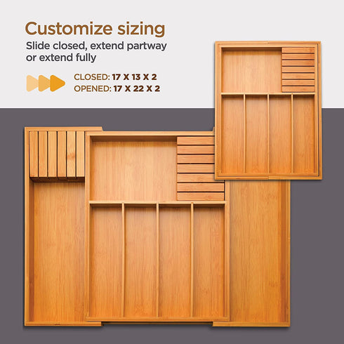 Kitchen Drawer Silverware Organizer - Expandable Bamboo Utensil Tray with Knife Block. Kitchen Silverware Holder or Expandable Drawer Organizer for any drawer, 17? Long, Adjustable from 13? - 22.5? Wide, 2? Deep