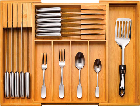 Kitchen Drawer Silverware Organizer - Expandable Bamboo Utensil Tray with Knife Block. Kitchen Silverware Holder or Expandable Drawer Organizer for any drawer, 17? Long, Adjustable from 13? - 22.5? Wide, 2? Deep
