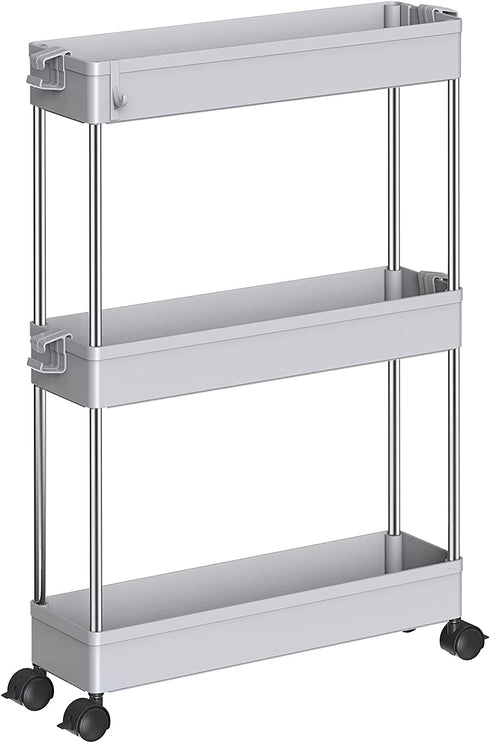 SPACEKEEPER Storage Cart Slim 3 Tier Mobile Shelving Unit Organizer Slide Out Storage Rolling Utility Cart Tower Rack for Kitchen Bathroom Laundry Narrow Places, Plastic & Stainless Steel, Gray