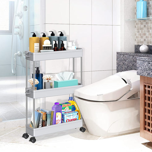 SPACEKEEPER Storage Cart Slim 3 Tier Mobile Shelving Unit Organizer Slide Out Storage Rolling Utility Cart Tower Rack for Kitchen Bathroom Laundry Narrow Places, Plastic & Stainless Steel, Gray