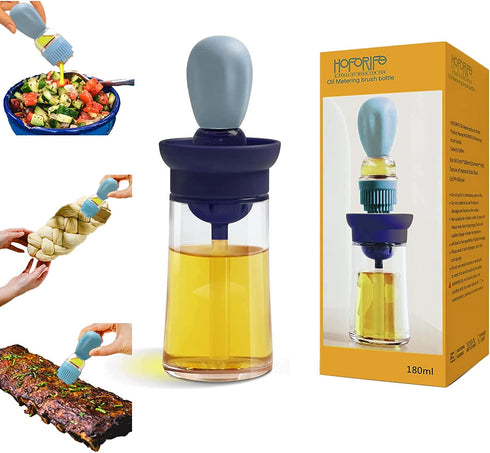 HOFORIFE Glass Kitchen Olive Oil Bottle With Silicone Brush For Cooking, Oil Measuring Container Dispenser And Silicone Dropper Vinegar Turkey BBQ Grill Frying Baking Kitchenaid Pastry Brush?Blue)€¦