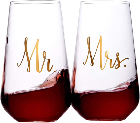 Bezrat Mr and Mrs Stemless Wine Glasses - Set Of 2-16 Ounces - Gift for Wedding, Bride and Groom, His & Hers Married Couple, Anniversary, Bridal Shower, Couples Engagement Mothers Day Gifts