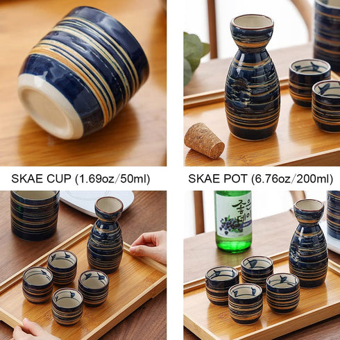 Sake Set Blue Japanese 5 Pieces Traditional Japanese Sake Cup Set Hand Painted Design Porcelain Pottery Ceramic Cups Crafts Wine Glasses Gifts (Blue Wise, 200 ML)
