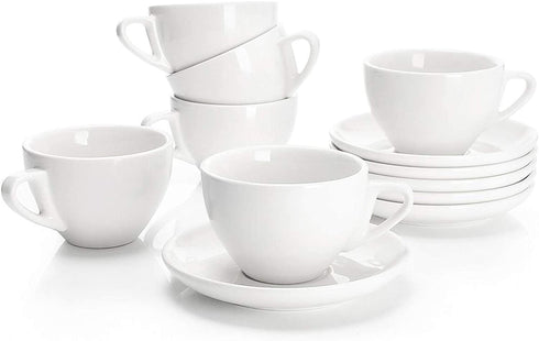 Sweese 403.001 Porcelain Cappuccino Cups with Saucers - 6 Ounce for Specialty Coffee Drinks, Latte, Cafe Mocha and Tea - Set of 6, White