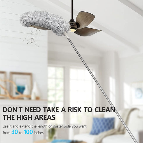Clonynix Microfiber Dusters for Cleaning, 100" Telescopic Extension Long Pole Bendable Head, Scratch-Resistant Cover, Washable Duster for High Ceiling Fan, Blinds, Furniture & Cars