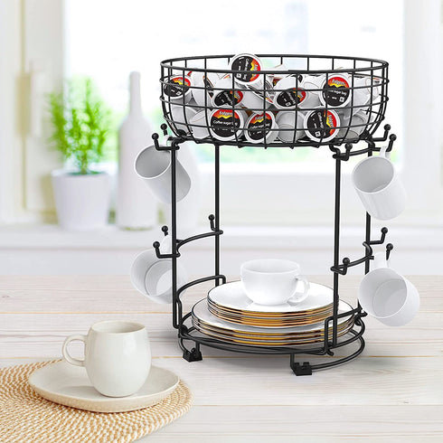 Bextsrack Coffee Mug Holder with Coffee Pod & Saucer Basket Storage, 12 Capacity Cup Mug Holder Tree for Coffee, Glasses and Cups Rust Resistant Mug Rack - Black