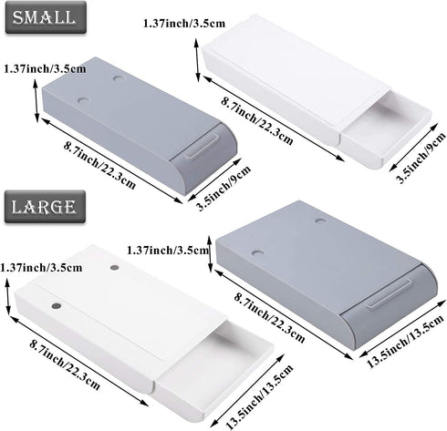 4 Pieces Under Desk Drawer Organizer, 8.8" Long, 3.5"/5.3" wide,Vankcp Expandable Self-Adhesive Drawer, Pop-Up Hidden Drawer Organizer Storage Set for Office School Home Desk, White,Gray