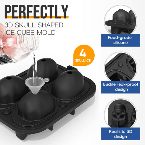 HAVOER Extra Large 3D Skull Ice Cube Mold - Flexible Silicone Skull Ice Maker Mold for Whiskey - 4 Cavity Skull Ice Cube Tray with Funnel - Skull Mold for Baking, Chocolate, Candy and Resin