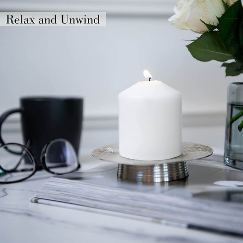 JEZZEJ Silver Pillar Candle Holder Set of 2 - Candle Holders for Table Centerpiece - Candle Holders for Pillar Candles - Handmade in India Candle Stand - Large Candle Plate to Protect Surface