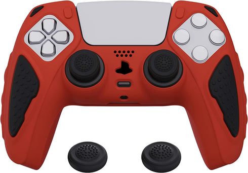 PlayVital Knight Edition Passion Red & Black Two Tone Anti-Slip Silicone Cover Skin for ps5 Controller, Soft Rubber Case for ps5 Wireless Controller with Thumb Grip Caps