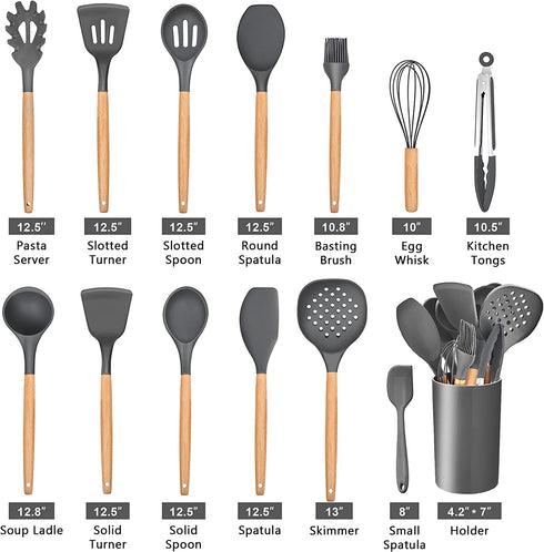 Leonyo 14 PCS Kitchen Cooking Utensils Set with Holder, Silicone Kitchen Gadgets Spatula Set for Nonstick Cookware, Cooking Tools with Tongs, Spoons, Spatulas, Turners, Soup Ladle, Wooden Handle, Grey