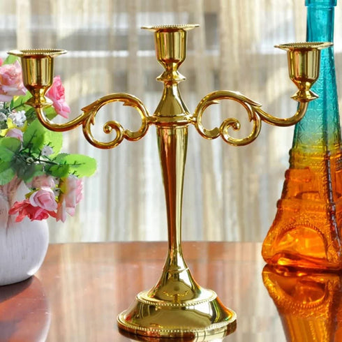 WEISIPU 3 Arms Candle Holder Metal Pillar Candle Stick Wedding Event Candelabra (Gold)
