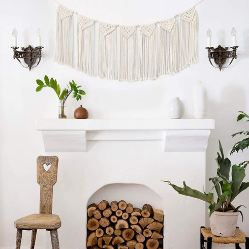 TIMEYARD Macrame Wall Hanging Curtain Valance, Macrame Tapestry Garland Banner, Boho Shabby Chic Bohemian Woven Wall Decor Living Room Dorm Bedroom Nursery Party Backdrop, 15" W x35" L, 7 Flags