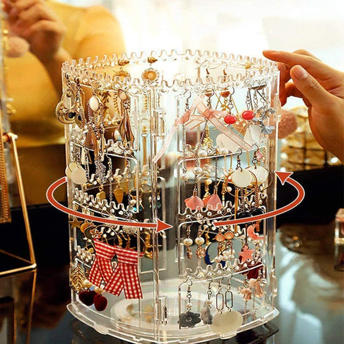 Suwimut 2 Pack Acrylic Earring Holder Jewelry Organizer, 360 Rotating 4 Tiers Clear Jewelry Rack Display Stand, 156 Holes and 160 Grooves for Women Girls Necklaces, Earrings, Piercings