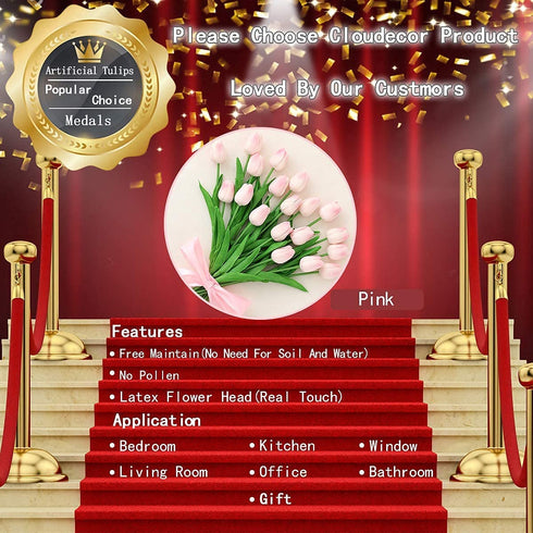 Cloudecor 20Pcs Artificial Tulips Real Touch Artificial Flowers Fake Tulip Latex Bouquet Flower for Wedding Party Home Garden Office DIY Floral Arrangement Decor (Pink - 20p)
