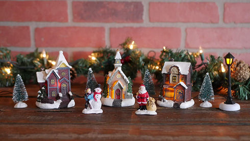 One Holiday Way Miniature LED Lighted 10-Piece Christmas Village Scene with Santa - Small Decorative Mini Light Up Tabletop Mantel Shelf Xmas Winter Decorations Home Decor
