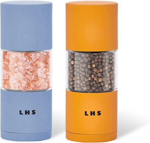 LHS Premium Salt and Pepper Grinder Set, Stainless Steel Salt Pepper Shakers Set, Refillable Refillable Spice Mills with Adjustable Coarseness for Kitchen Use - 4.6 Inches(Set of 2, Blue & Orange)