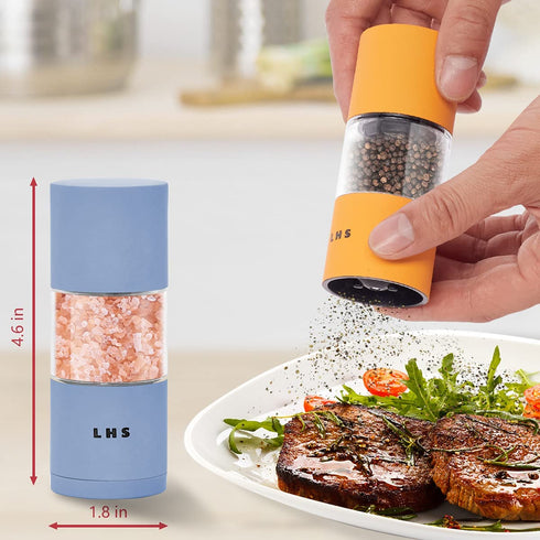 LHS Premium Salt and Pepper Grinder Set, Stainless Steel Salt Pepper Shakers Set, Refillable Refillable Spice Mills with Adjustable Coarseness for Kitchen Use - 4.6 Inches(Set of 2, Blue & Orange)