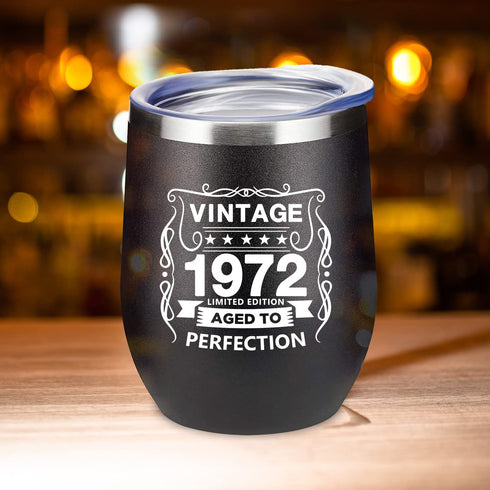 50th Birthday Gifts for Women and Men - 1972 50th Birthday Decorations - 12 Oz Insulated Stainless Steel Wine Tumbler with Lid for Her Wife Mom Grandma Aunt Friend, Black