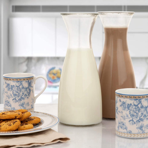 3-Piece Glass Carafe Set 1 Liter Pitchers for Party 10 Inch Tall Jugs Water or Milk Bottles