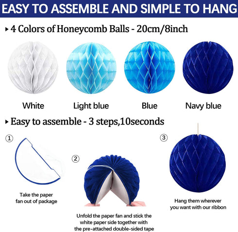 23Pcs Paper Fan Party Decoration, Navy Blue Hanging Paper Fans, Pom Poms Flowers, Garland String Polka Dot and Triangle Bunting Flag Packs for Boy Birthday, Bridal Shower, Baby Showers, Wedding