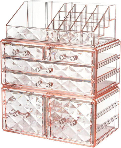 ZHIAI Makeup Organizer Acrylic Cosmetic Storage Drawers and Jewelry Display Box Transparent (Style A(Pink Diamond): 1 Top, 2 Small, 2 Large, 2 Square Drawers)