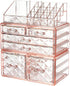 ZHIAI Makeup Organizer Acrylic Cosmetic Storage Drawers and Jewelry Display Box Transparent (Style A(Pink Diamond): 1 Top, 2 Small, 2 Large, 2 Square Drawers)