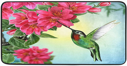 Spring Hummingbird Kitchen Rug Cherry Red Flower Kitchen Mat Summer Blue Sky Floral Leaves Floor Mat Non Slip Area Rugs for Home Decor 39" X 20"