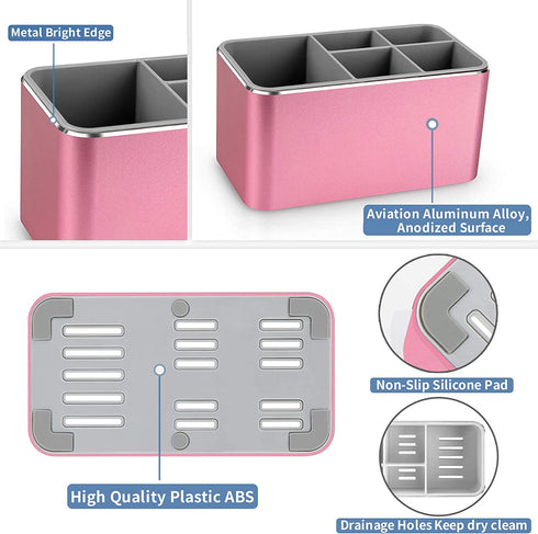 Toothbrush Holder with Draining Tray, Multi-Functional 5 Slots Aluminum Alloy Toothbrush Holder for Bathroom, Vanity Countertops and Office Desk (Rose Gold)