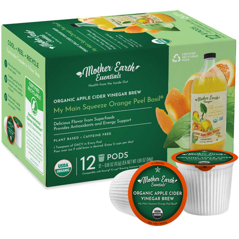 Superfood K-Cup Tea Pods – Organic Apple Cider Vinegar Tea with The Mother for Daily Wellness. Mother Earth Essentials presents My Main Squeeze Orange Peel Basil in 12 Single Serving Pods. Keurig compatible.