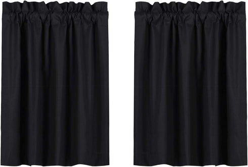 Valea Home Blackout Short Curtains Waterproof Soft Rod Pocket Kitchen Curtains for Bathroom Window Room Darkening Small Curtains for Bedroom 36 inch Length, 2 Panels, Black