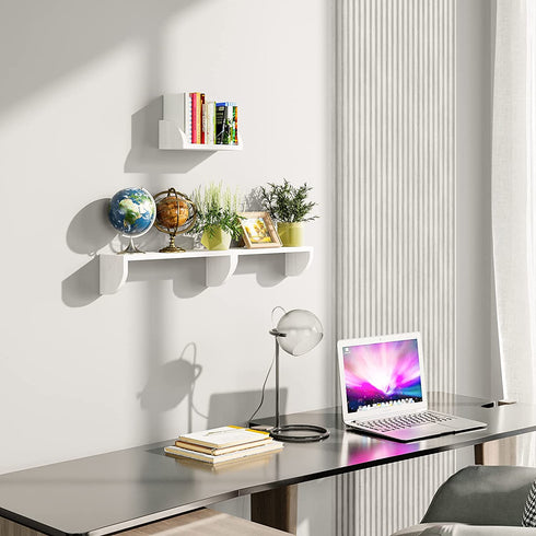 SRIWATANA White Floating Shelves, Solid Wood Wall Shelves Set of 3, Rustic Storage Shelves for Bedroom, Living Room, Kitchen, Bathroom - White