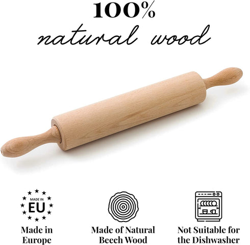Tuuli Kitchen Classic Wood Rolling Pin with Rotating Center, Beechwood Roller for Pastry, Bread and Pasta Dough, Alternative to Plastic Rolling Pin, 44 x 5.5 cm