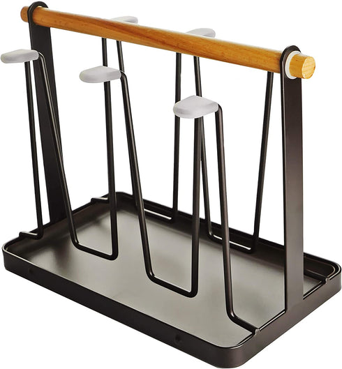 BYFU Cup Drying Rack Stand with Drain Tray, Metal Bottle Drying Organizer with Wood Handle for 6 Cups or Mugs