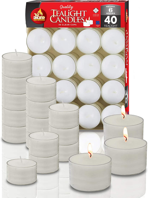 Ner Mitzvah Long Lasting Tealight Candles - 6 Hours - White in Clear Cups - Unscented - 40 Pack - Made in EU