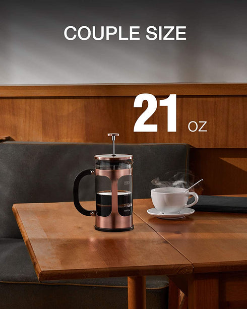 BAYKA French Press Coffee Tea Maker, 304 Stainless Steel Coffee Press, Heat Resistant Thickened Borosilicate Glass, 21 Ounce, Copper